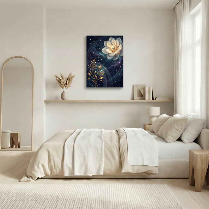 Art mural sur toile fleur rougeoyante et plantes dorées dans un cosmos étoilé, 48"H x 36"W