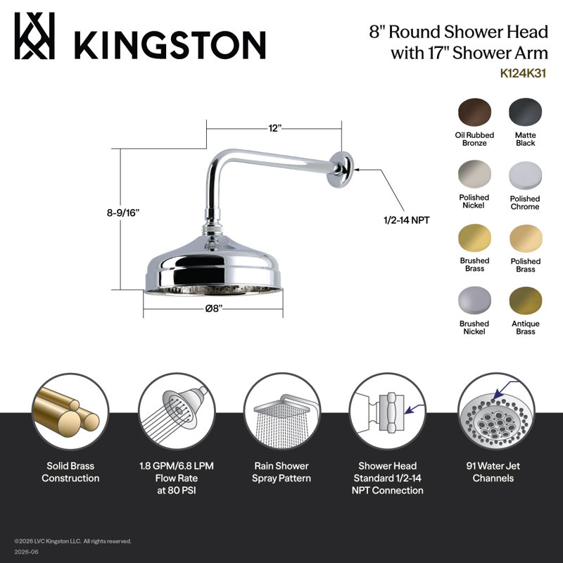 Kingston Brass Trimscape 8-Inch Round Raindrop Brass Shower Head with 12-Inch Shower Arm, Antique Brass