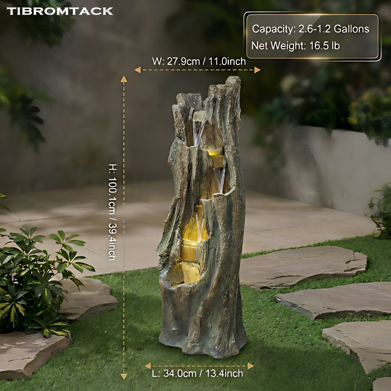 TIBROMTACK Tree Stump Water Fountain with LED Lights Outdoor Garden Fountain for Patio Yard 39.4 inch