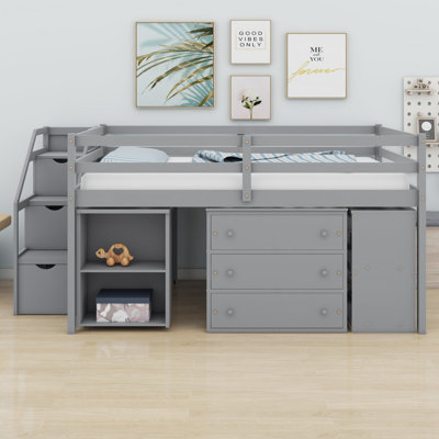 Loft Bed With Retractable Writing Desk And 3 Drawers, Wooden Loft Bed With Storage Stairs And Shelves