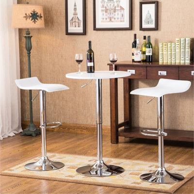 Adjustable Height Wood and Chrome Metal Bar Table and 2 Chrome Air Lift Adjustable Swivel Stools Set