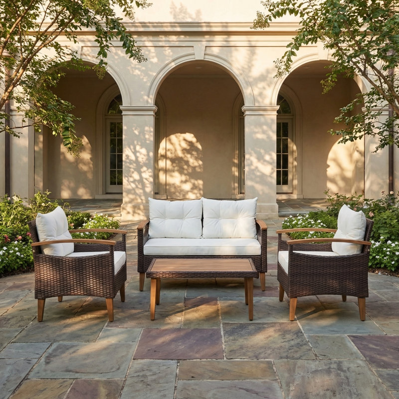 Ensemble de patio extérieur en rotin 4 pièces avec table et housse en bois PE