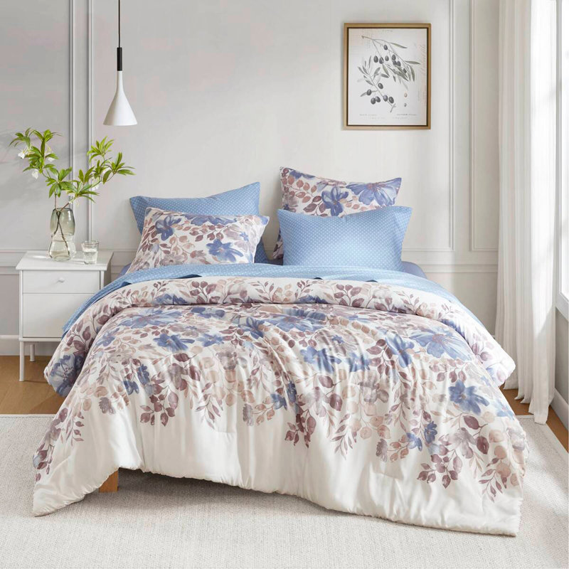 Ensemble d'édredon floral avec draps, Bleu, Édredon lit simple + 6 pièces incluses
