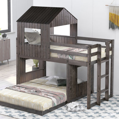 Lit superposé simple en bois sur lit double avec maisonnette, échelle et garde-corps pour un sommeil créatif et sécuritaire