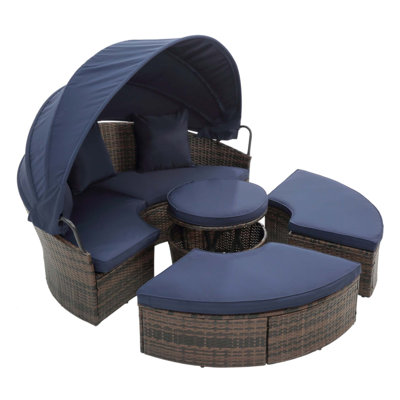 Rattan Round Outdoor Lounge With Retractable Canopy And Washable Cushions,  For Patio And Garden Relaxation