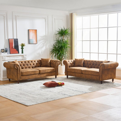 Ensemble de canapé 3 places + 3 places Chesterfield Fabrictech, canapé à accoudoirs roulés en tissu de haute technologie, canapé rembourré de style Mid-Century, canapé-lit 3 + 3 places pour le salon, le bureau, un appartement