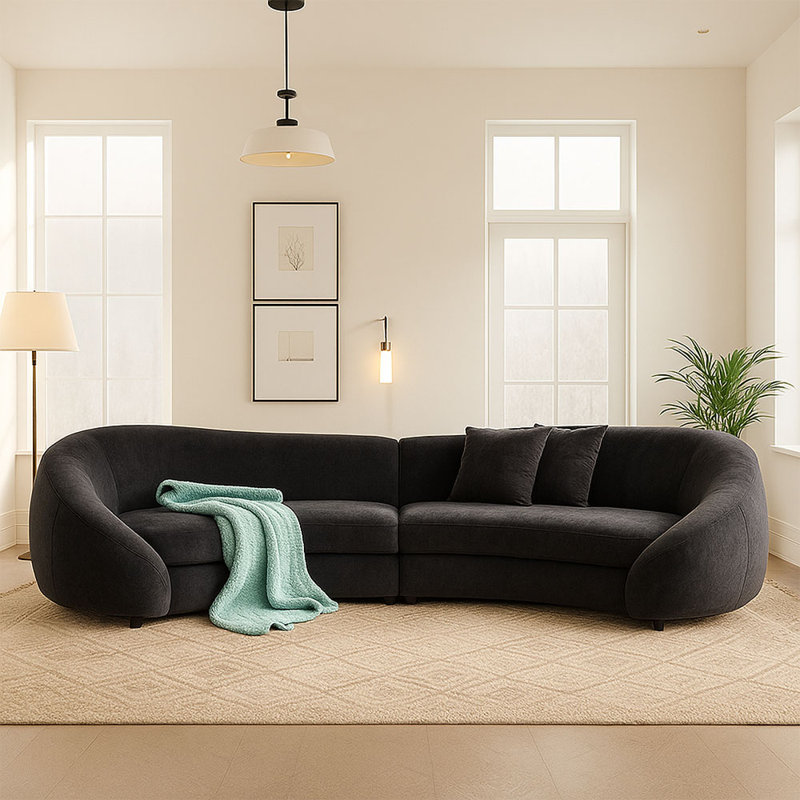 126" Modern Curved Sectional Sofa, Black Polyester