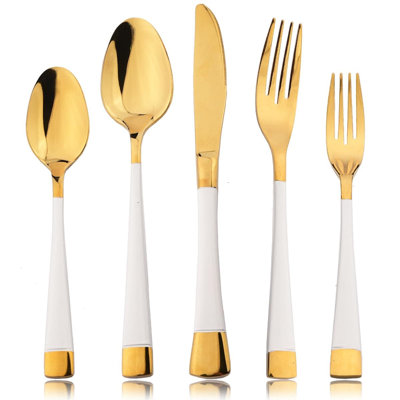 Ensemble de couverts 20 pièces en acier inoxydable 304 poli miroir pour 20 personnes, ensemble d'ustensiles modernes à poignée carrée dorée et blanche, ensemble de cuillères à fourchette pour couteaux lavables au lave-vaisselle