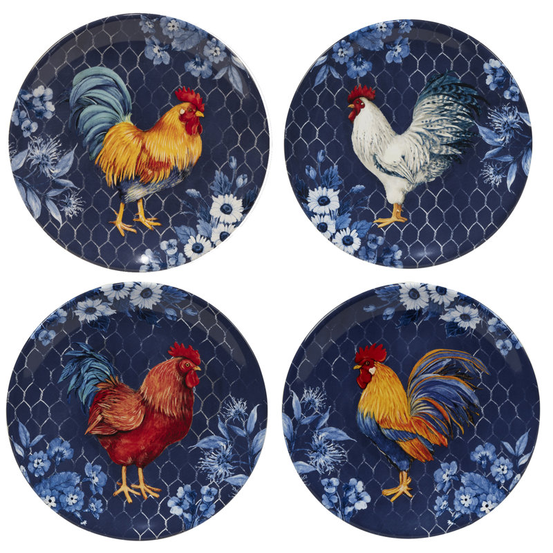Indigo Rooster Ceramic 16-Piece Dinnerware Set, Service for 4