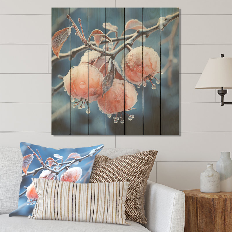 «Pink Frosty Winter Apple Orchard I» - Paysage d'hiver sur bois, H 25 po x l 25 po