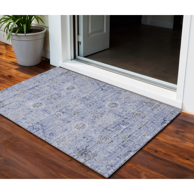 3' X 5' Blue And Gray Damask Washable Indoor Outdoor Area Rug