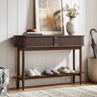 Retro Wooden Entryway Table With Groove Texture & Storage, For Foyer, Sofa Back & Hallway