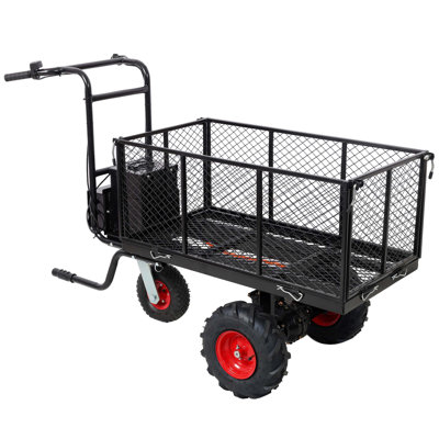 Chariot de jardin électrique avec moteur 48 V 1200 W, capacité de charge de 1320 lb, lit inclinable et roues tout-terrain de 13 pouces pour un transport sans effort dans la cour.