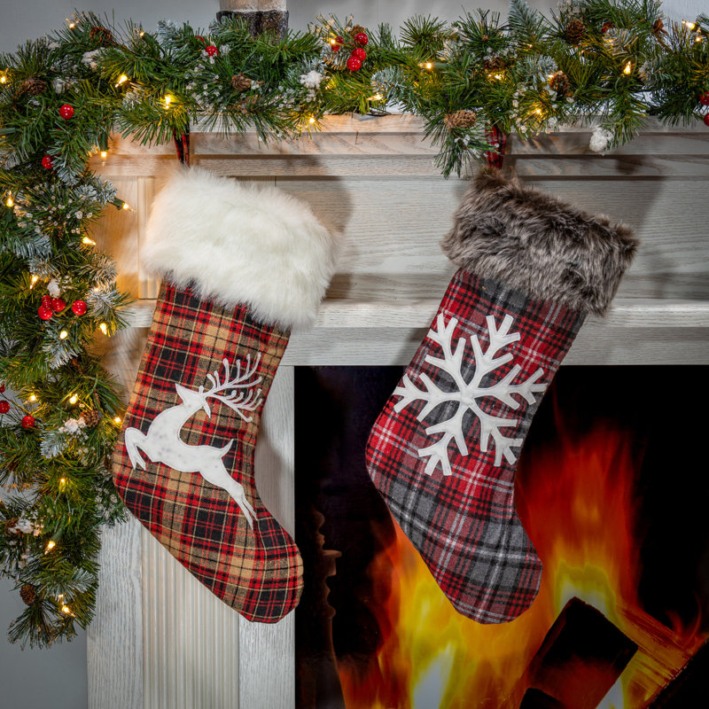 Set of 4 Christmas Holiday Stockings Faux Fur Buffalo Plaid