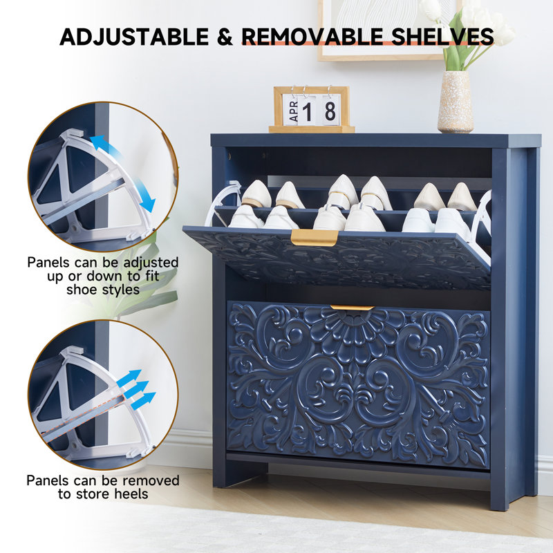 16 Pair Shoe Storage Cabinet With 2 Flip Drawers, Blue
