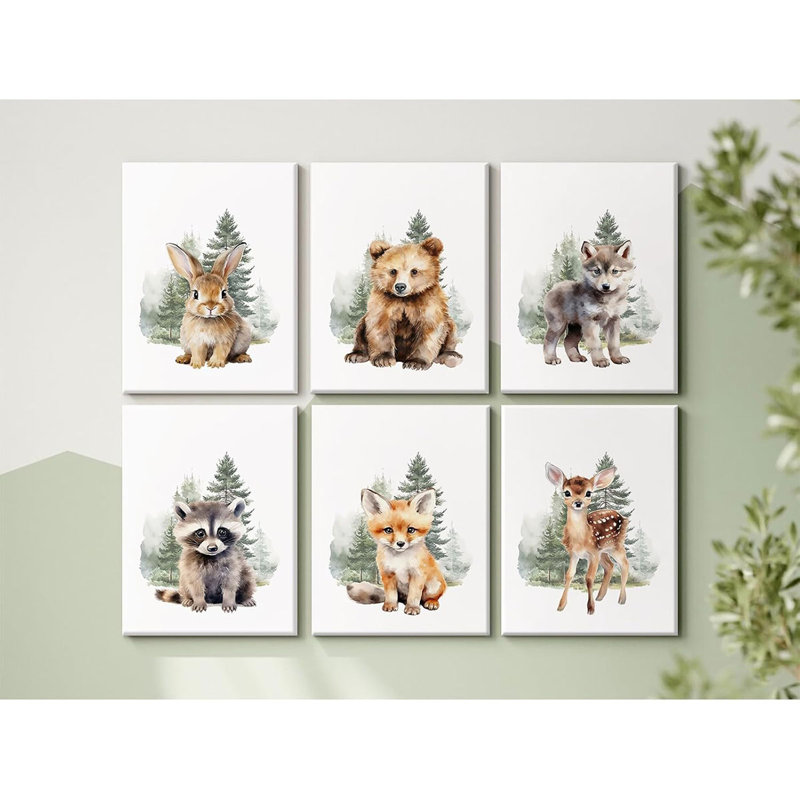 Woodland Animal Nursery Wall Art Decor Set Of 6 Baby Room Wall Art Forest Animal Canvas Wall Decor Kids Art Prints Watercolor Bear Deer Fox Pictures Artwork For Bedroom 8X10 Inch Framed