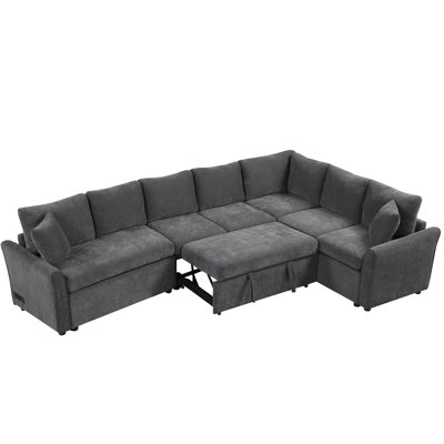 124.8" L-Shaped Gray Bed With Two Ports, Power Sockets, Soft Comfortable Breathable Chenille And High Foam For Back Waist Comfort In Living Room Skin- Support