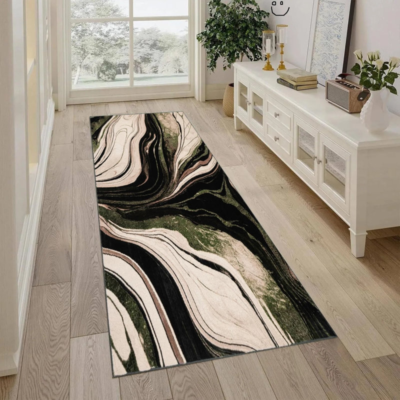 Abstract Flokati Area Rug, Green, Runner 60 x 300 cm