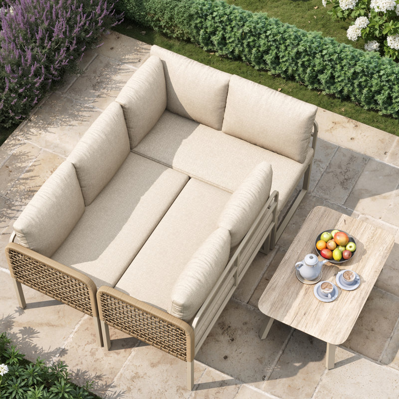 5-6 Seat Modular Outdoor Sofa Set With Wood-Look Glass Table & Rope