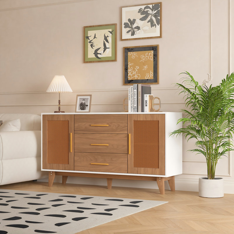 White and Brown 59" Rattan Sideboard with Wooden Legs