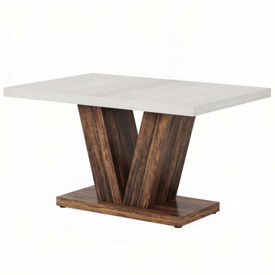 47-Inch Farmhouse Dining Table for 4-6, White Top with Oak Pedestal Base, Perfect for Small Spaces and Modern Rustic Decor