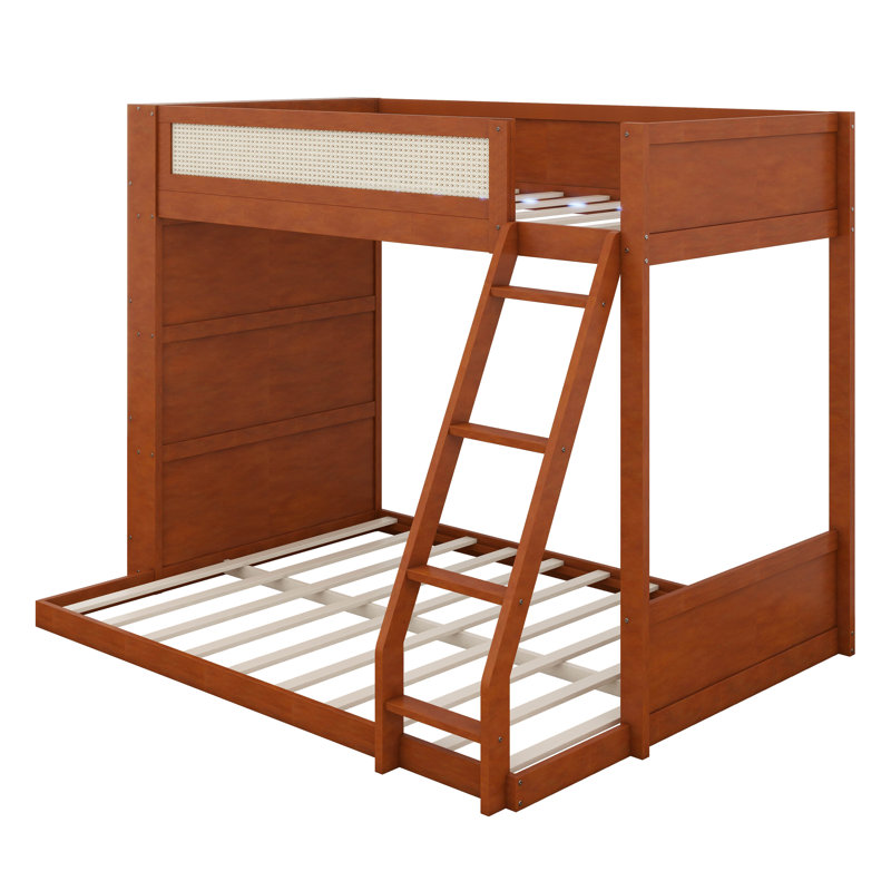 Bunk Bed With Chic Rattan Aesthetics, Bunk Bed Frame With Storage Bookshelf And LED Lighting, Espresso