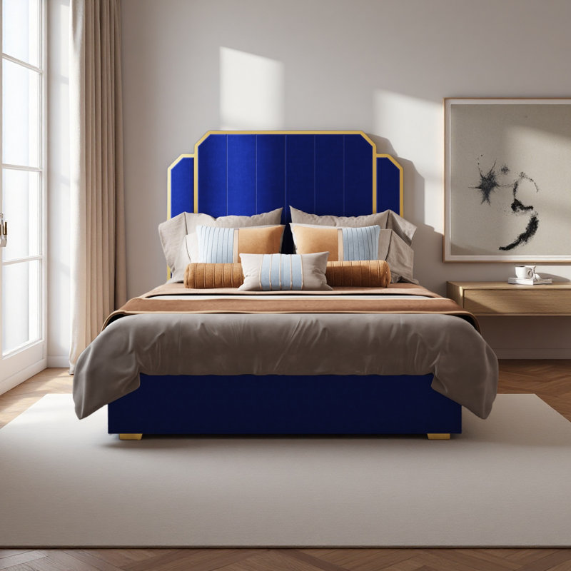 Structure de lit grand et tête de lit 59,06 po, lit tapissier avec bordure dorée, lit plateforme moderne sans sommier, Blue