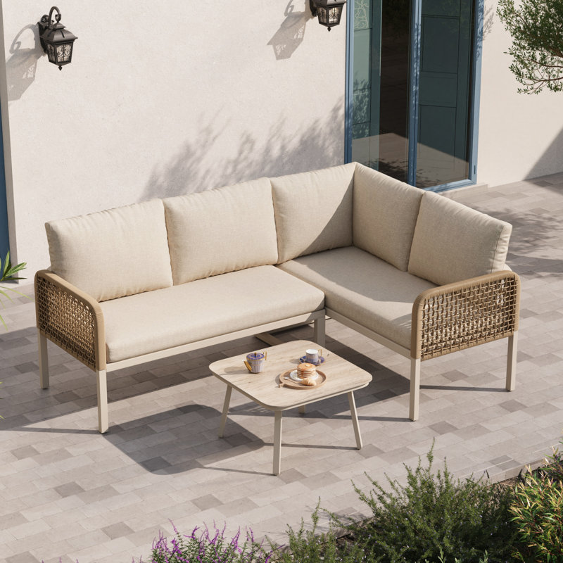 3-Piece Modular Outdoor Sofa Set With Glass Table & Polyester Rope, Beige