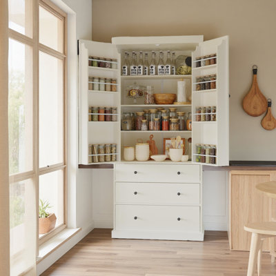 Farmhouse Kitchen Pantry, Freestanding Tall Cupboard Storage Cabinet With 3 Adjustable Shelves, 8 Door Shelves, 3 Drawers For Kitchen, Dining Room by Lark Manor