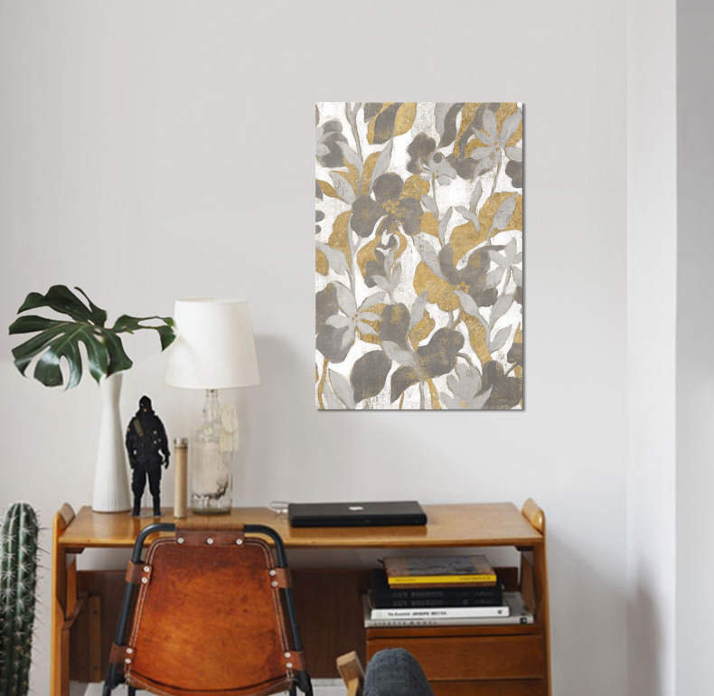 « painted tropical screen ii gray gold » par silvia vassileva,, impression sur toile, H 24 po x l 16 po x P 1 po, Blanc