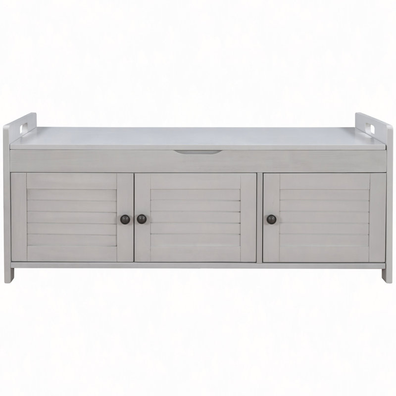 Storage Bench With 3 Shutter-Shaped Doors, Shoe Bench With Removable Cushion And Hidden Storage Space, Grey Wash