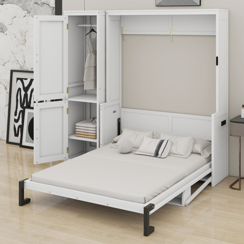 Lit escamotable en bois avec garde-robe, lit escamotable mural peu encombrant avec bureau, station de recharge
