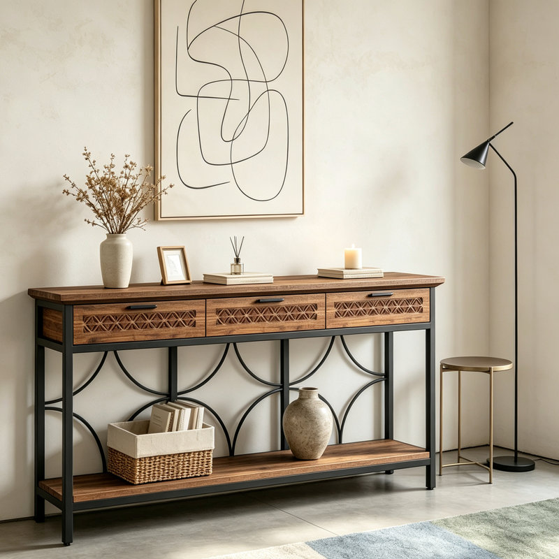 Table d'appoint longue avec tiroirs de rangement