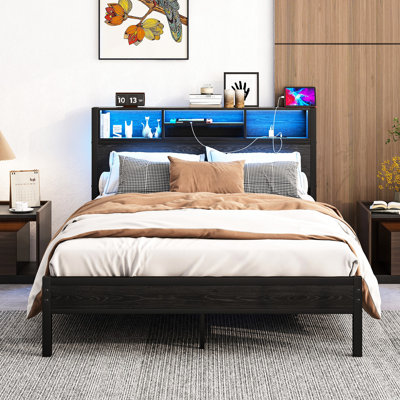 Metal Bed With Led Headboard & Under Storage, Full Size, Black Platform Charging Under, No Box Spring, Silent Nighttime Rest, Easy Assembly,