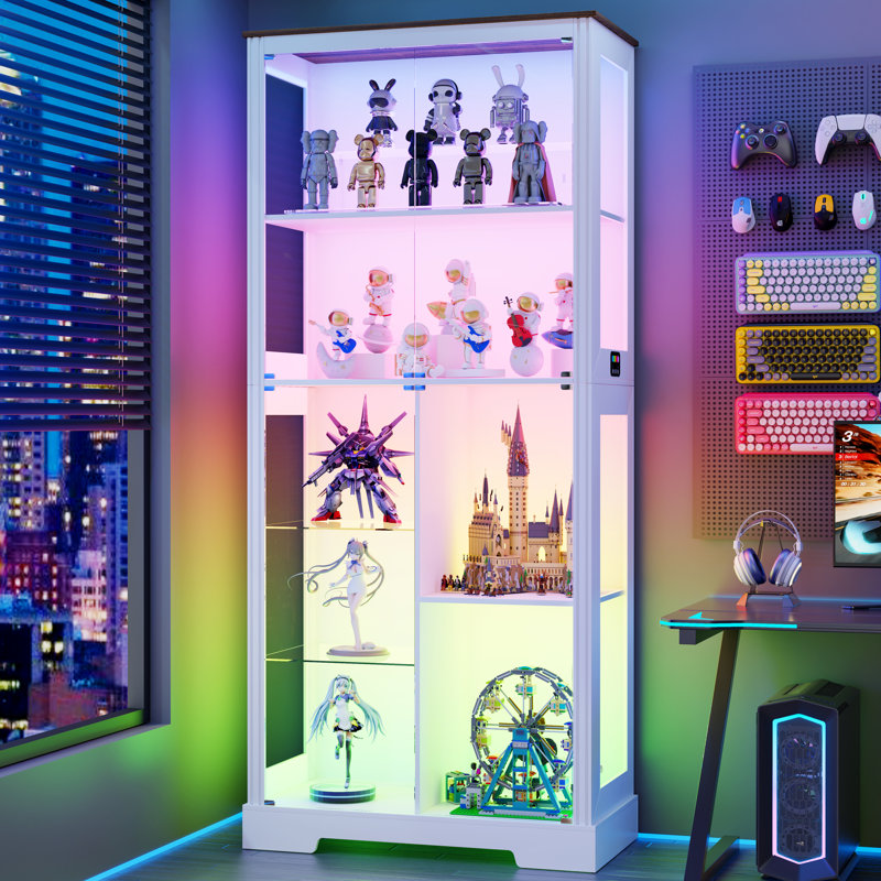 Vitrine à 5 niveaux avec capteur de mouvement et lumières RVB, Blanc, brun
