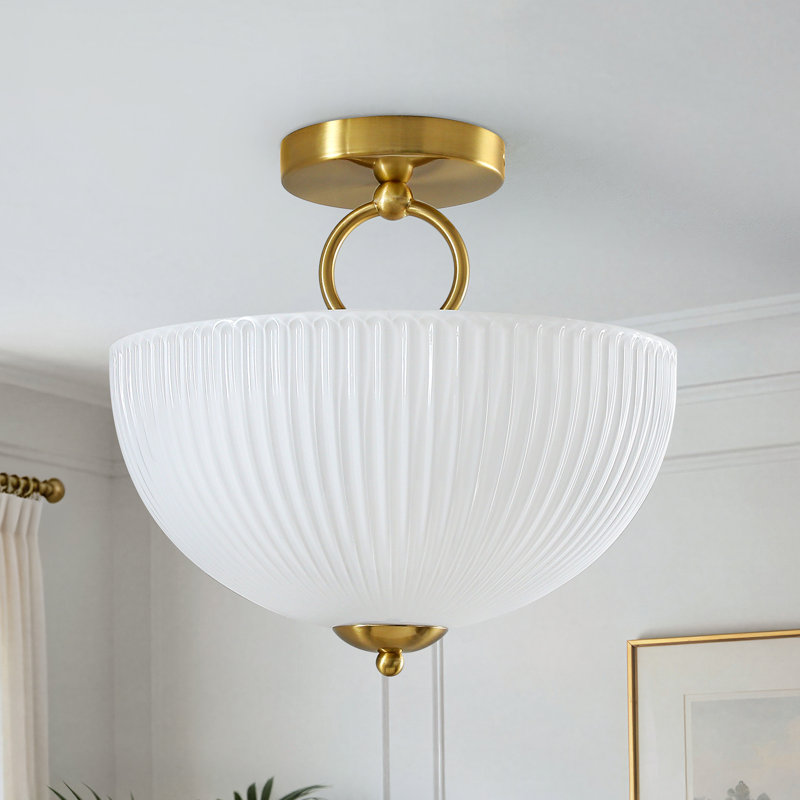 Plafonnier semi-encastré moderne de 30 cm avec abat-jour en verre opale côtelé pour couloir ou chambre, Or brossé