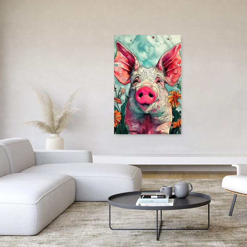 Art souriant, cochon souriant dans des fleurs, 60" H x 40" W