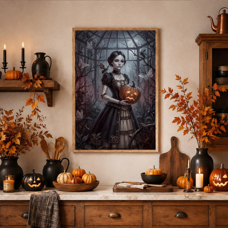 " Steampunk Doll Holding Glowing Pumpkin In Halloween " Painting Print, 48"H x 32"W