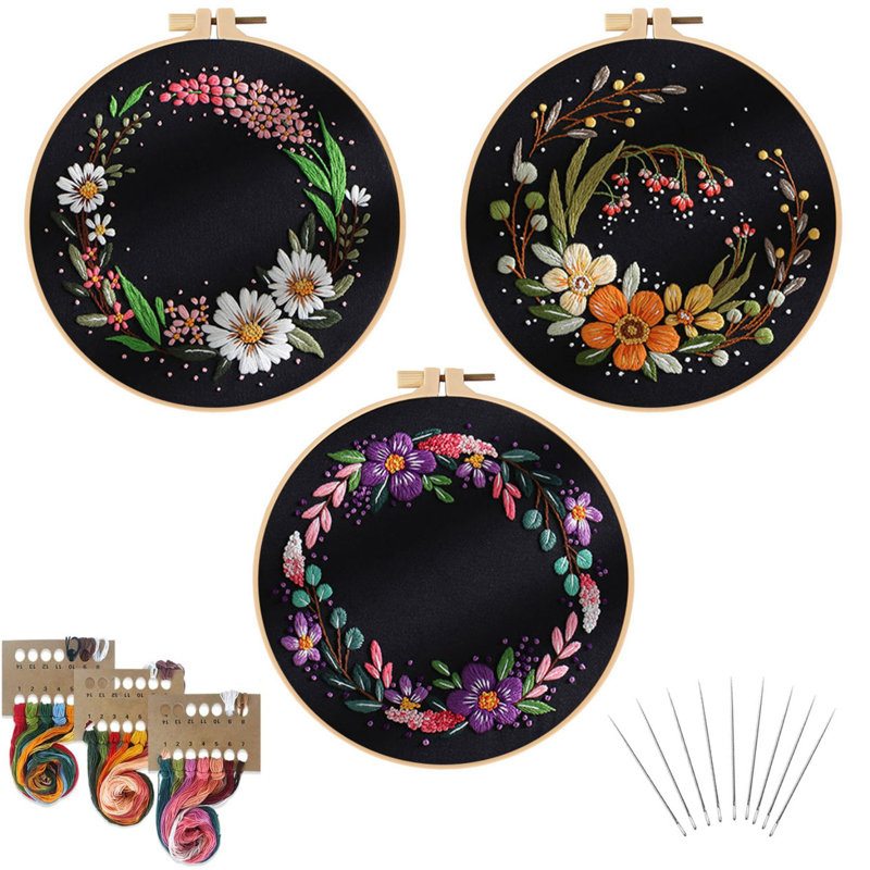 3 pièces / ensemble de matériel de bricolage, ensemble de bricolage, motif de fleurs, point de croix, peinture de table, photo suspendue avec cercle 11,7 po, A5