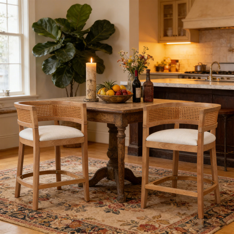 Ensemble de 2 tabourets de comptoir en bois et rotin avec accoudoirs rembourrés (table non incluse), Beige, Naturel