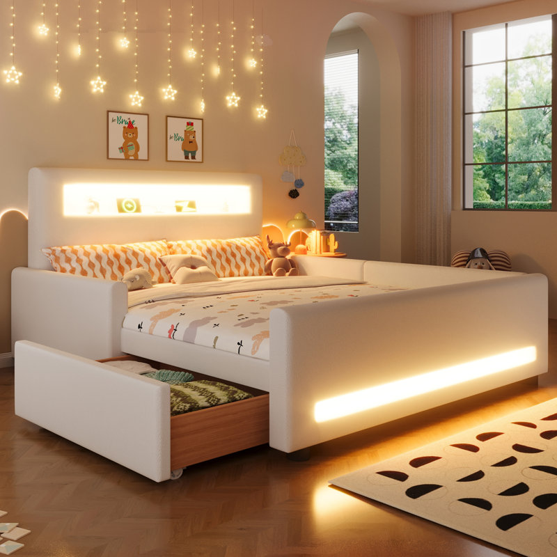 Lit plateforme tapissier pleine grandeur avec tiroir, bande lumineuse à DEL et port USB - Blanc, Lit double, Blanc