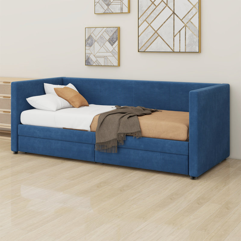 Corduroy Daybed With Two Drawers And Wood Slat, Blue