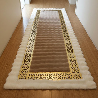 White And Brown Plush Runner, Gold Border Hallway Rug,