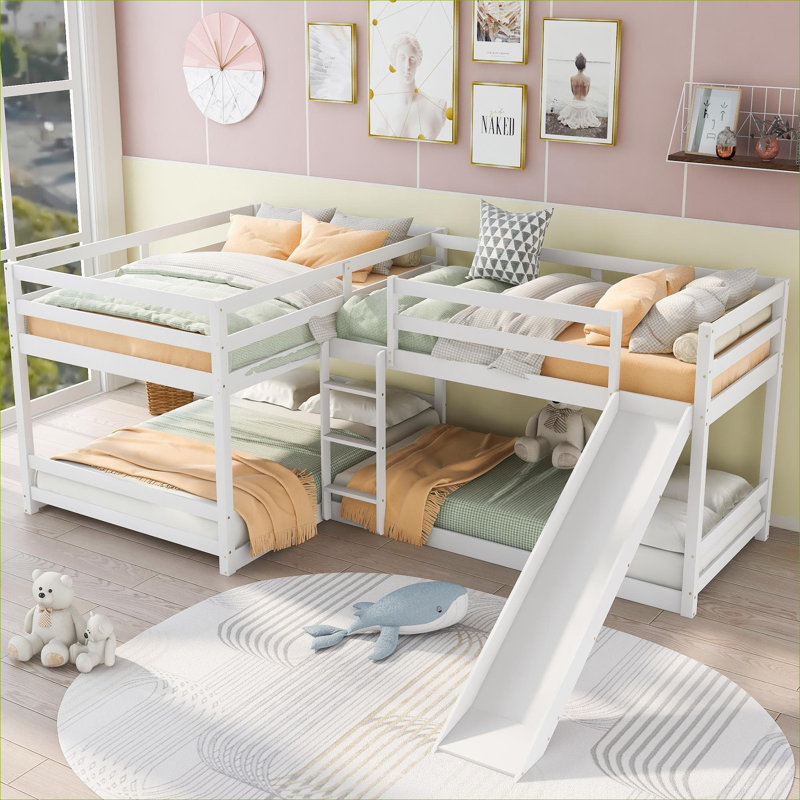 Clean White Full and Twin Size L-Shaped Bunk Platform Bed with Slide and Short Ladder Solid Pine Construction