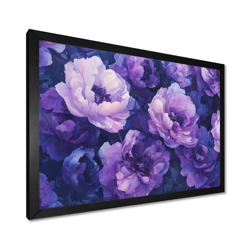 Pivoines mauves, danse de l'élégance II - pivoines, art mural, H 12 po x l 20 po, Cadre simple noir
