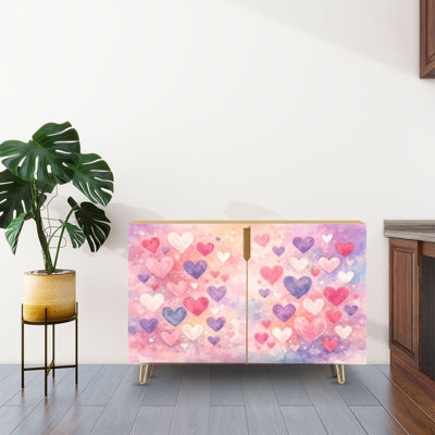Sideboard Buffet Cabinet with Storage Hearts Watercolor Pink Purple Red Romantic with 2 Doors for Living Room and Kitchen