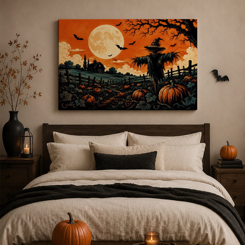 Tableau sur toile représentant un champ de citrouilles orange avec épouvantail et pleine lune pour l'Halloween