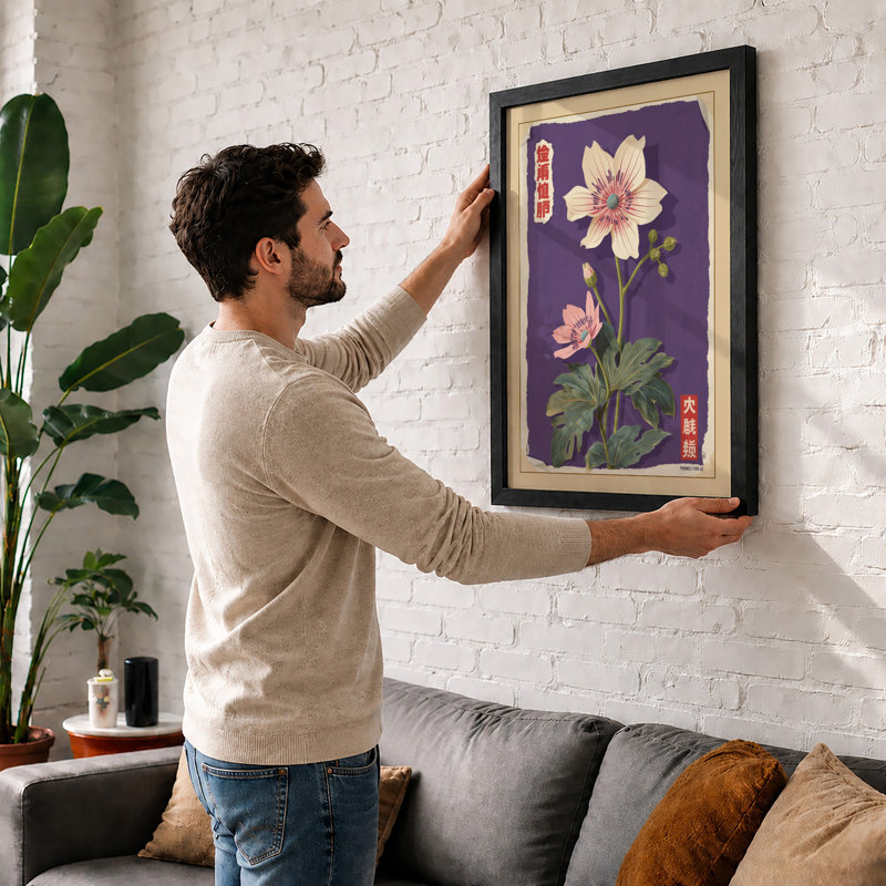 Lotus Flowers in Purple Japandi - Framed Print, Unframed, A2 - 59.4 x 42.0 cm