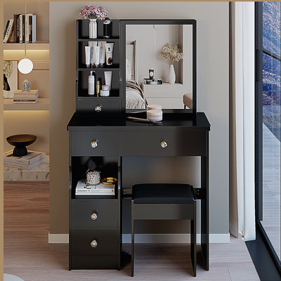 Petite coiffeuse de 29,2 po avec tiroir de gauche et tabouret rembourré, très grand miroir coulissant à droite, rangement multi-couches à grande capacité, commode pratique et pratique, convient aux petits espaces