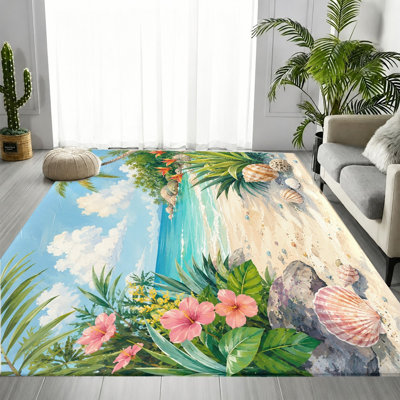Tapis de plage tropicale, motif floral feuille de palmier coquillage, tapis antidérapant, décoration intérieure pour salon, chambre à coucher, entrée, cuisine, balcon